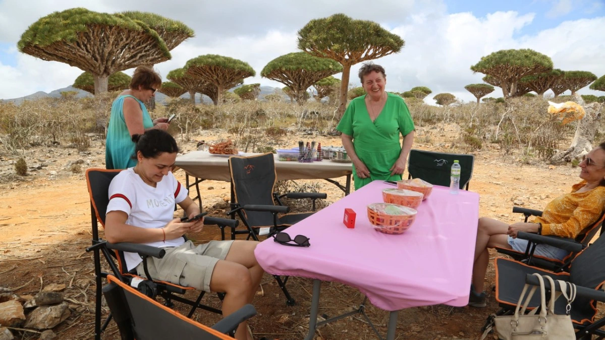 Travelers enjoying a picnic during a Socotra camping group tour among Dragon’s Blood Trees