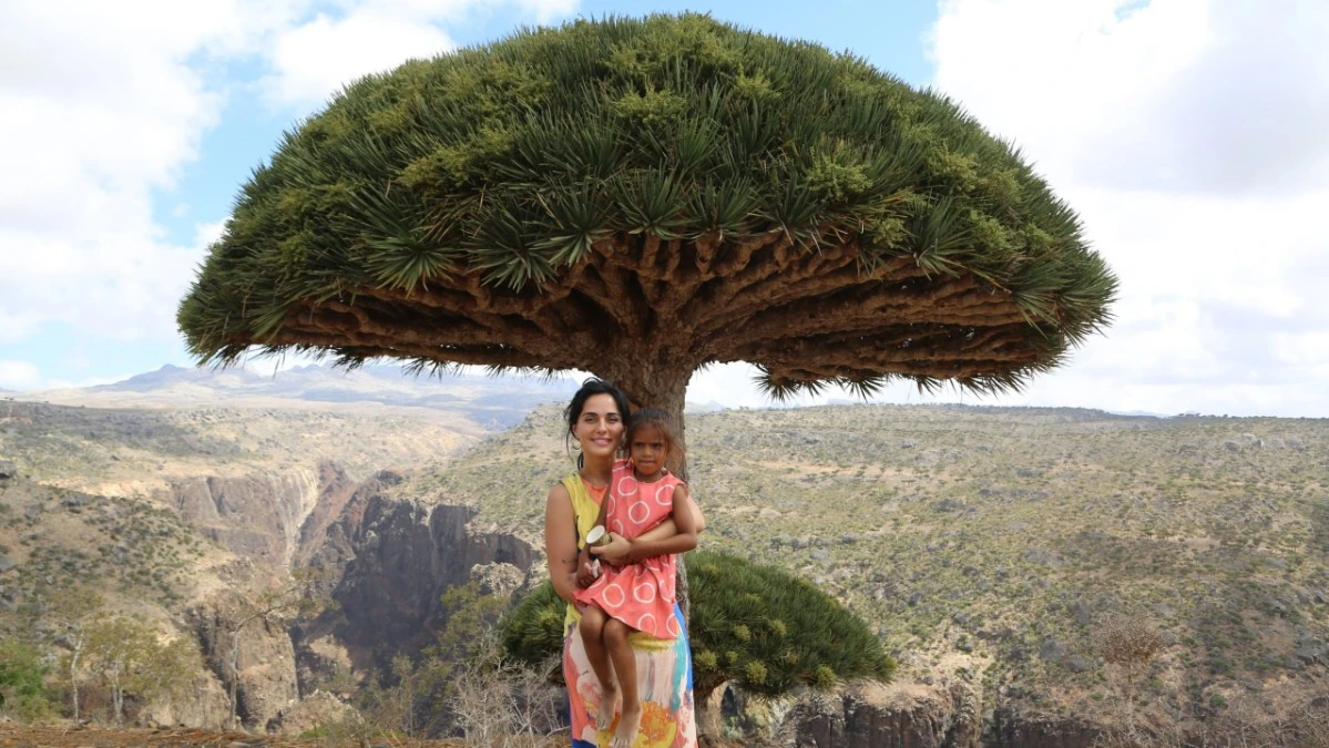 tourist holding a child beneath a Dragon’s Blood Tree overlooking Diksam Canyon during a private Socotra hotel tour.